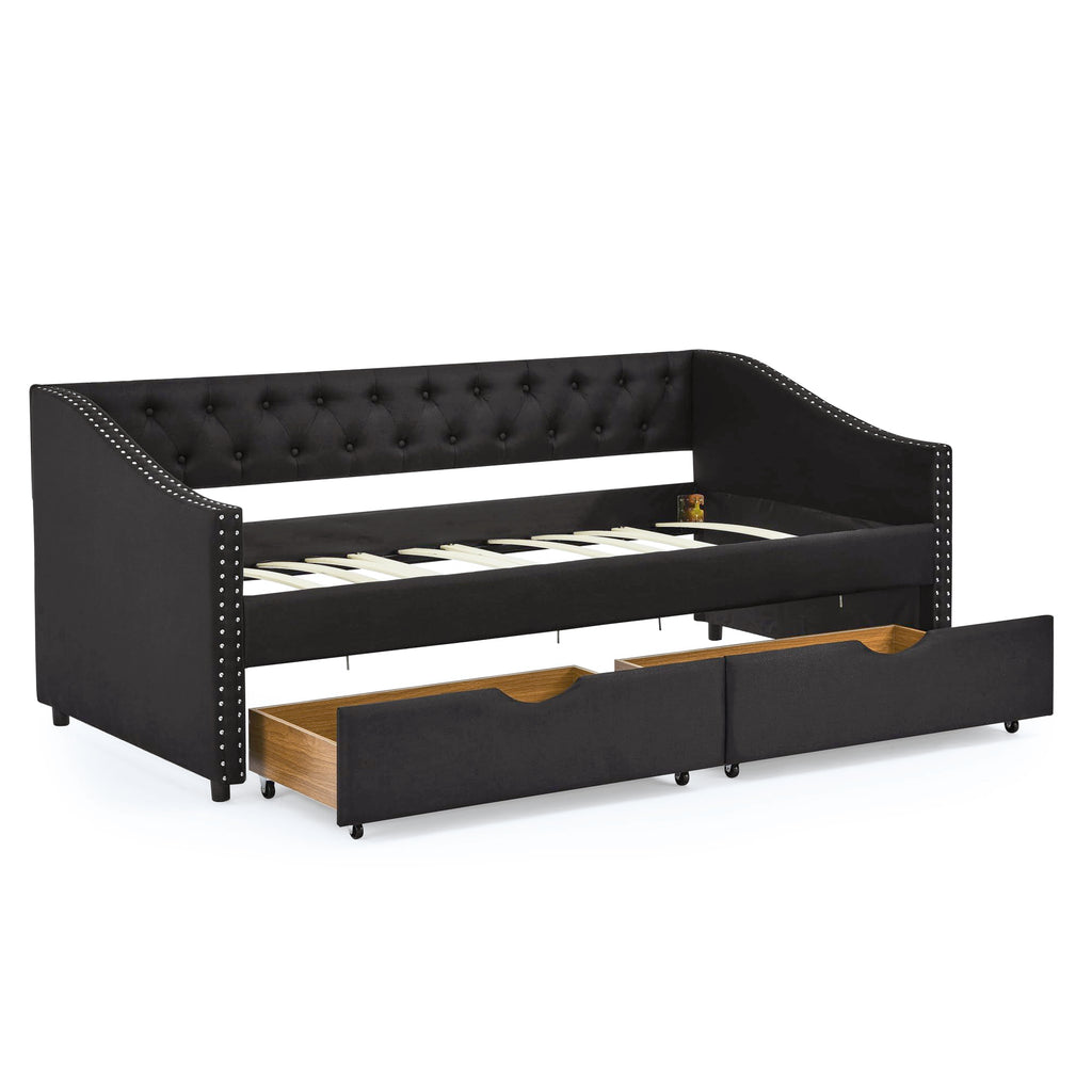Twin Size Upholstery Daybed with 2 Drawers and Headboard, Mid-Century Style Tufted Sofa Bed with Button on Back, Easy