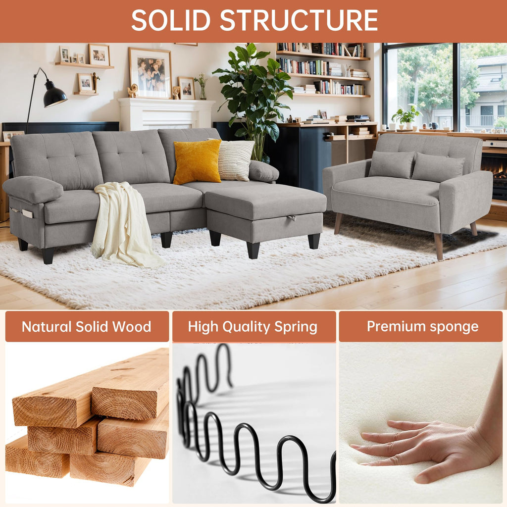 2 Pieces Sectional Sofa Set, 79" 3-Seat L Shaped Couches with Storage Ottoman and 48" Loveseat Sofa Set Polyester