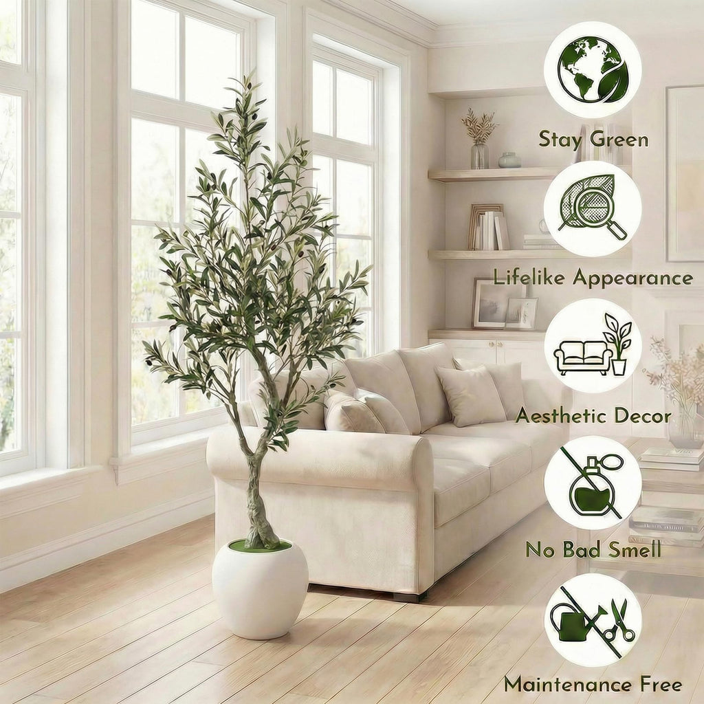 6ft Faux Olive Tree Artificial Indoor, Fake Olive Tree with Pot, Large Olive Branches and Lifelike Fruits, House Living