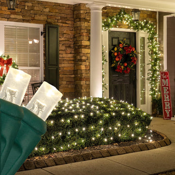Set of 100 Warm White LED Net Lights - Christmas Outdoor Decorations, Green Wire (4 x 6 ft, 5mm Lights)