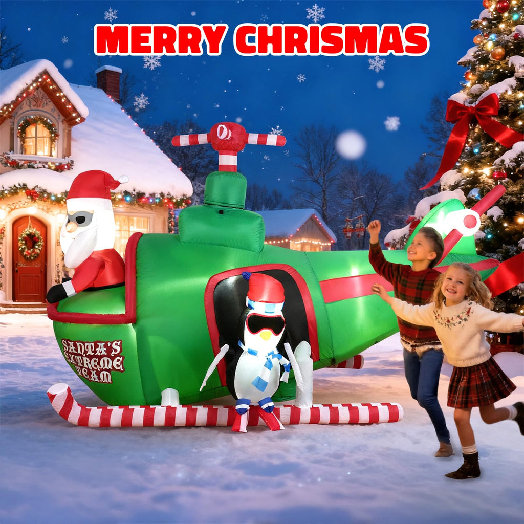 8ft Wide&5.5ft Tall Christmas Inflatable Outdoor Decorations, Blow up Yard Decor with Santa Claus to Fly a Helicopter