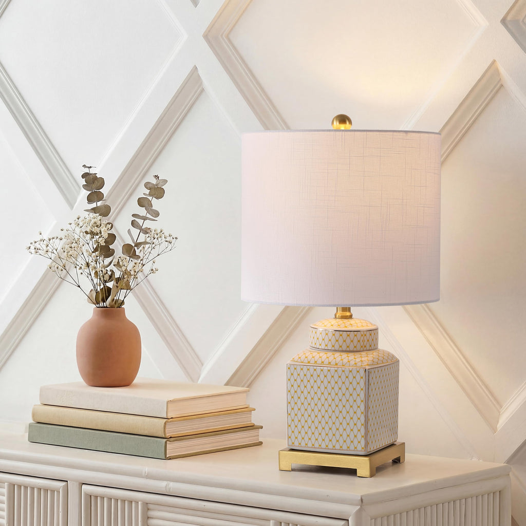 Cleo 21.5" Yellow & White Ceramic Table Lamp with Brass Base