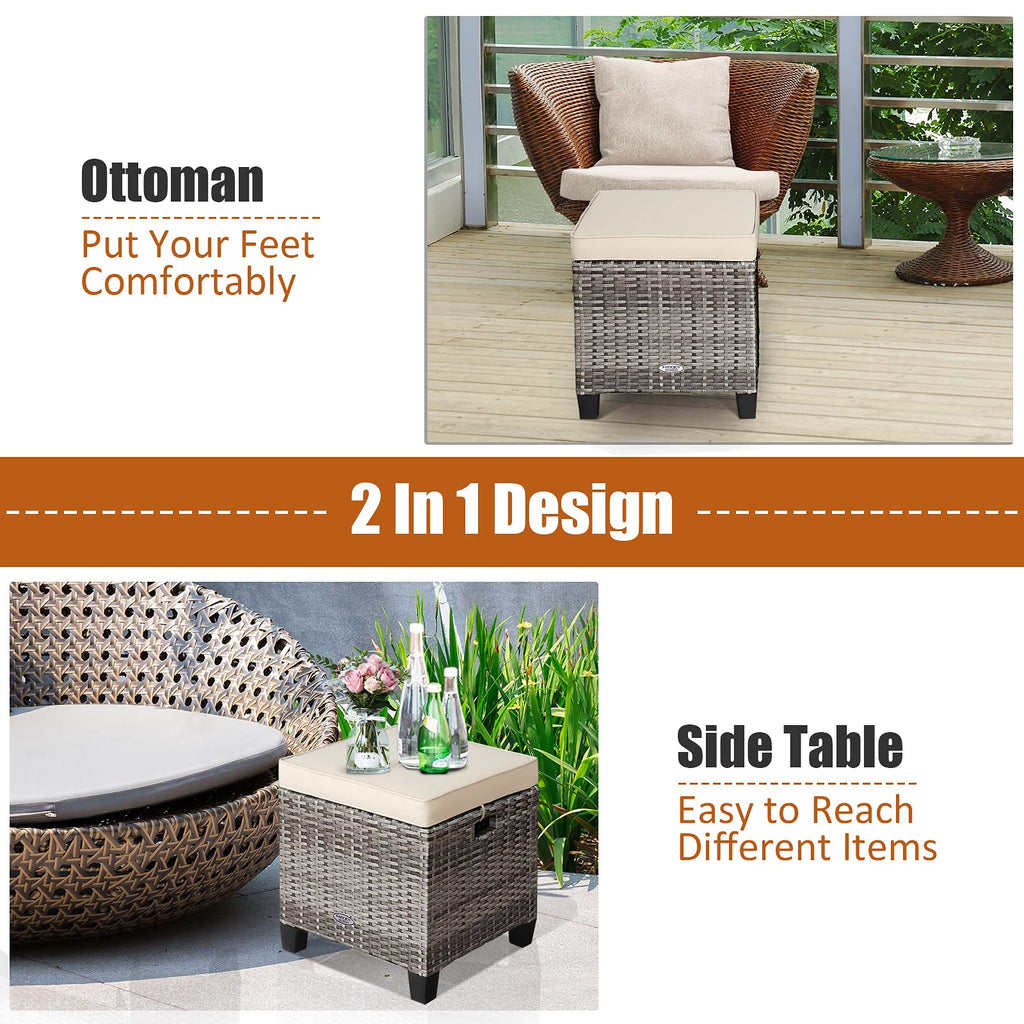 2-Piece Patio Rattan Ottomans - Outdoor Wicker Furniture w/ 2 Footrest Stools, Comfortable Cushions & Steel Metal