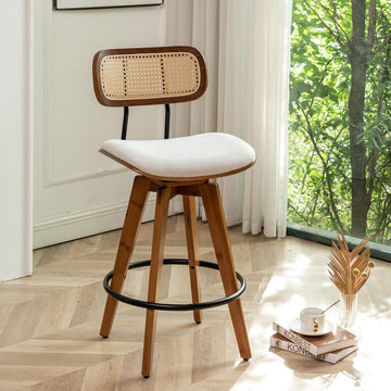 26" Rattan Swivel Bar Stools White Linen Fabric Counter Height Barstools with Rattan Backrest and Wooden Legs, Armless