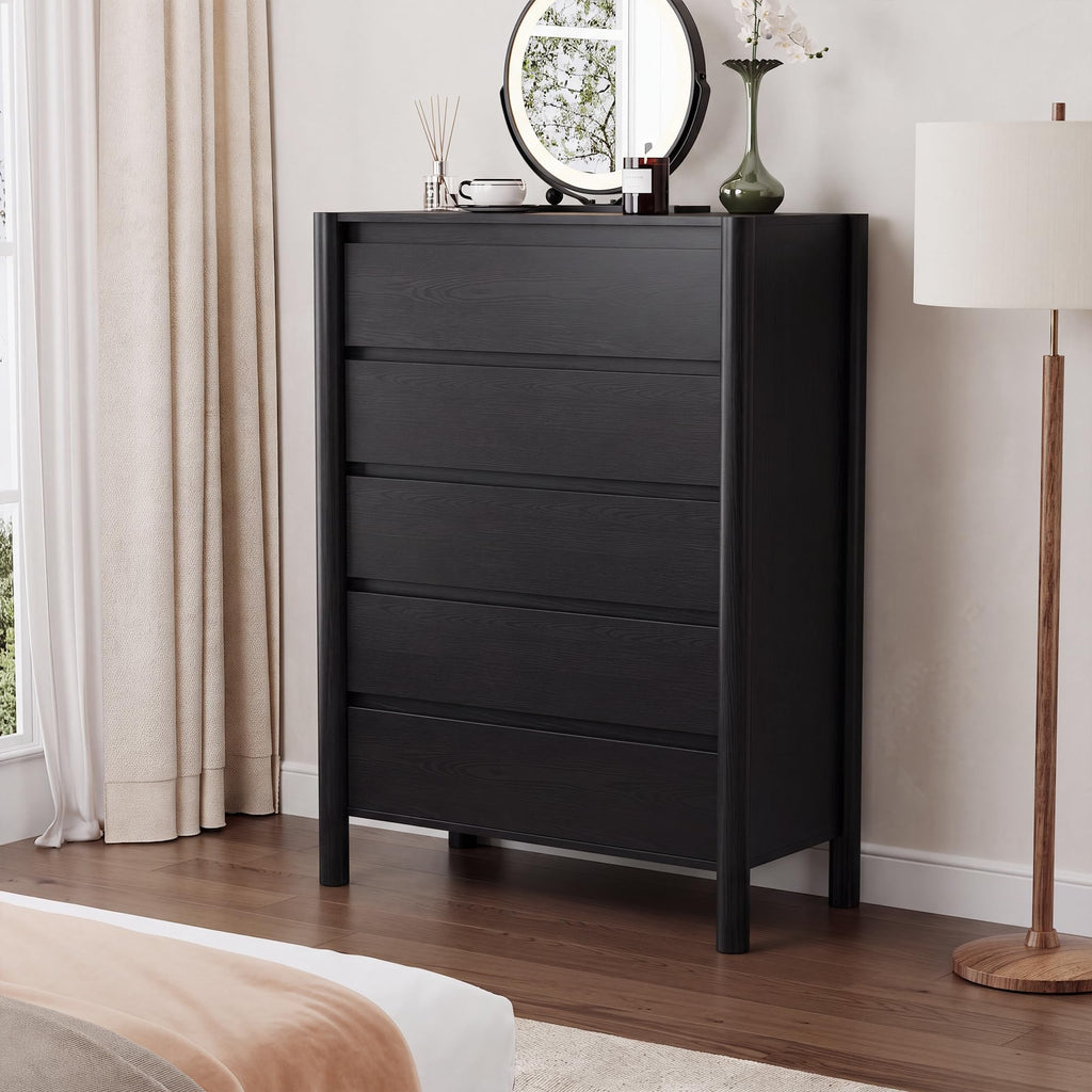 Black Dresser, 45" Tall 5 Drawer Mid Century Modern Chest
