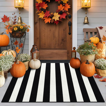 Black and White Outdoor Rug,32"x48" Front Porch Rug Absorbent Rubber Backed Non Slip Striped Rug Machine Washable