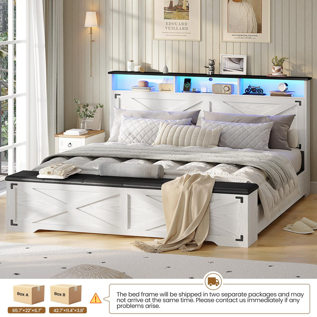 Bed Frame with Storage Ottoman, Farmhouse Bed Frame with Charging Station and Led Light, Headboard with