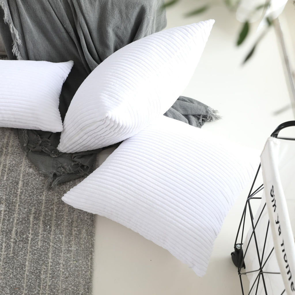 White Pillow Covers 24x24 Large Plush Throw Pillowcases Soft Corduroy Stripe Decorative Euro Shams for Wedding, Set of