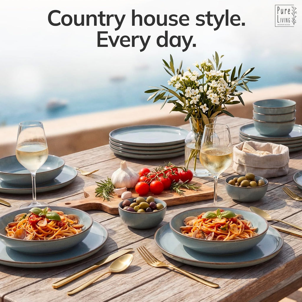 24 Piece Stoneware Dinnerware Set for 8, Handcrafted Plates and Bowls Set