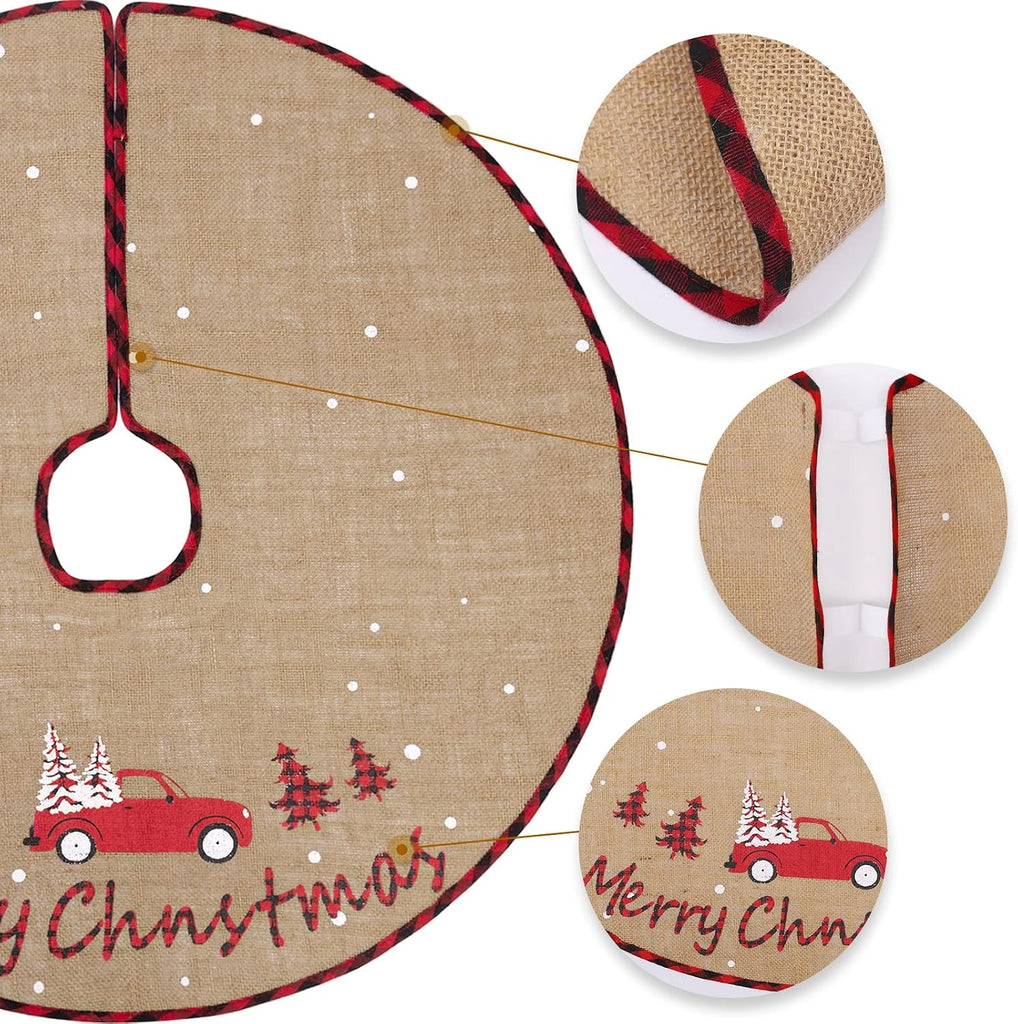 Christmas Tree Skirt, 30 Inch Rustic Burlap Tree Skirt with Red Truck and Letter Printed Christmas Tree Mat for Xmas