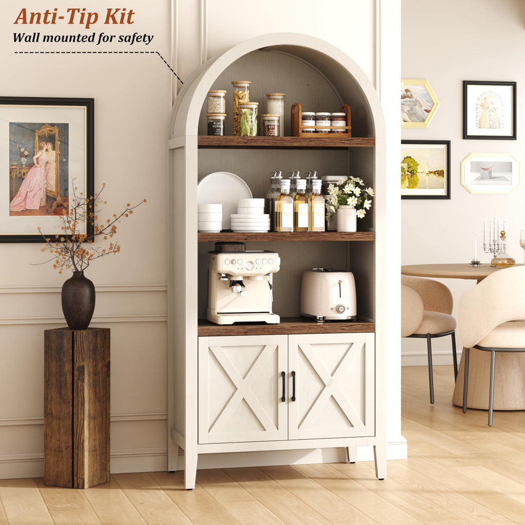 71" Tall Arched Bookcase, 5-Tier Arched Bookshelf, Arch Cabinet Display Cabinet with Doors and Shelves, Modern