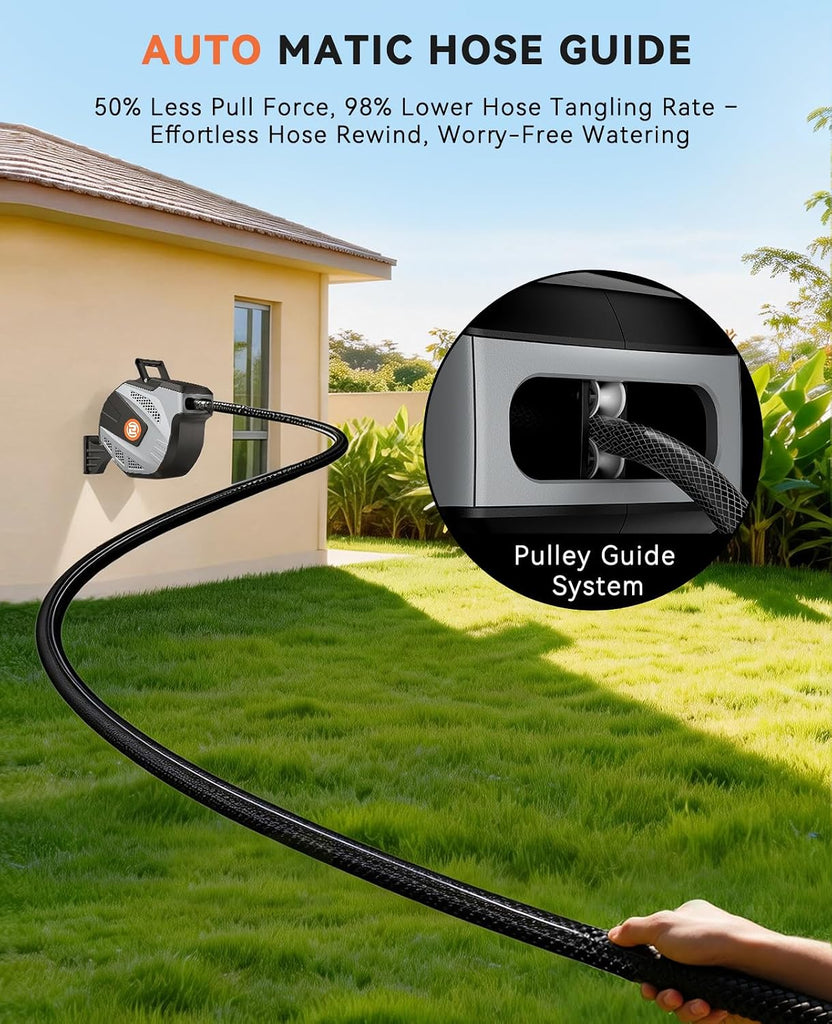 Retractable Garden Hose Reel - 1/2 inch x 50ft Heavy Duty Wall Mounted Hose Reel with 3/4 inch Brass Fitting & 10