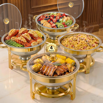 4 Pack 5QT Gold Chafing Dishes for Buffet, Installation-Free Stands, Round