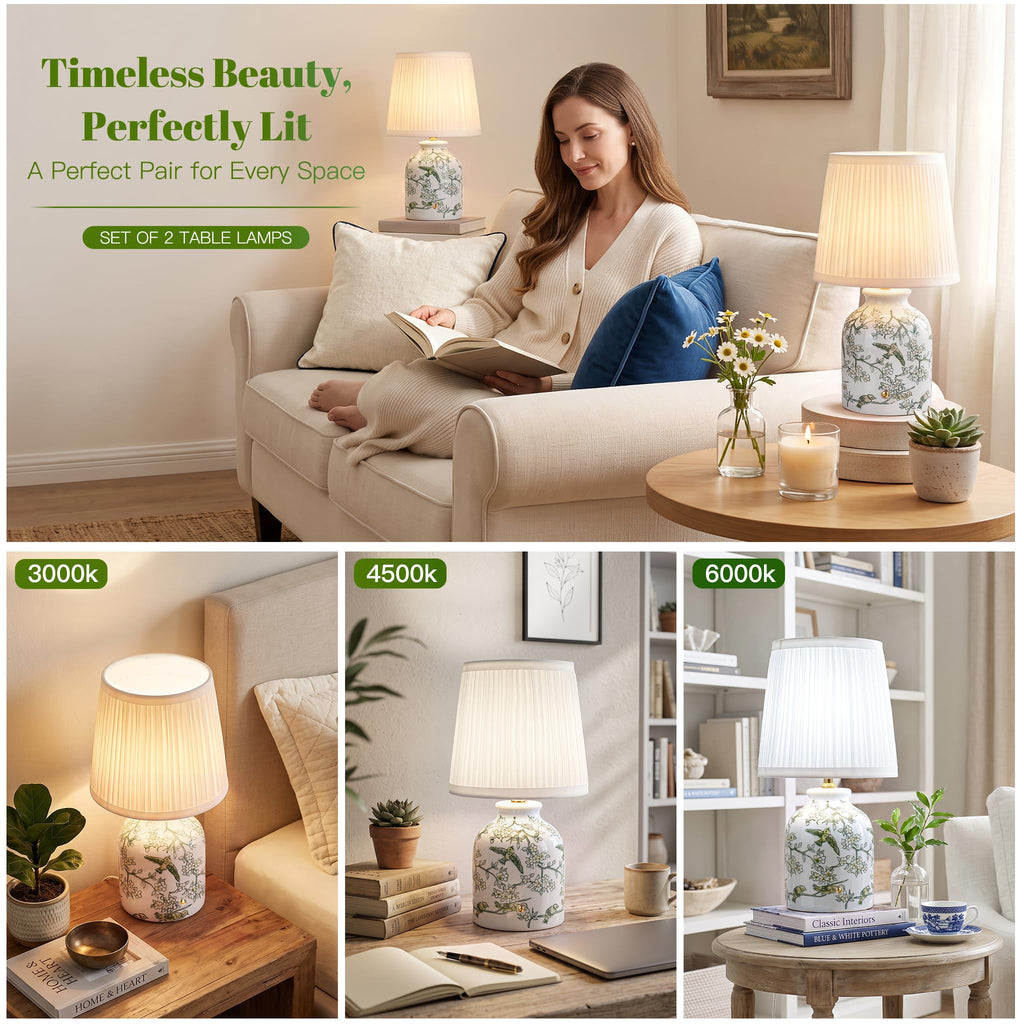 Rechargeable Cordless Small Ceramic Table Lamps Set of 2, Green