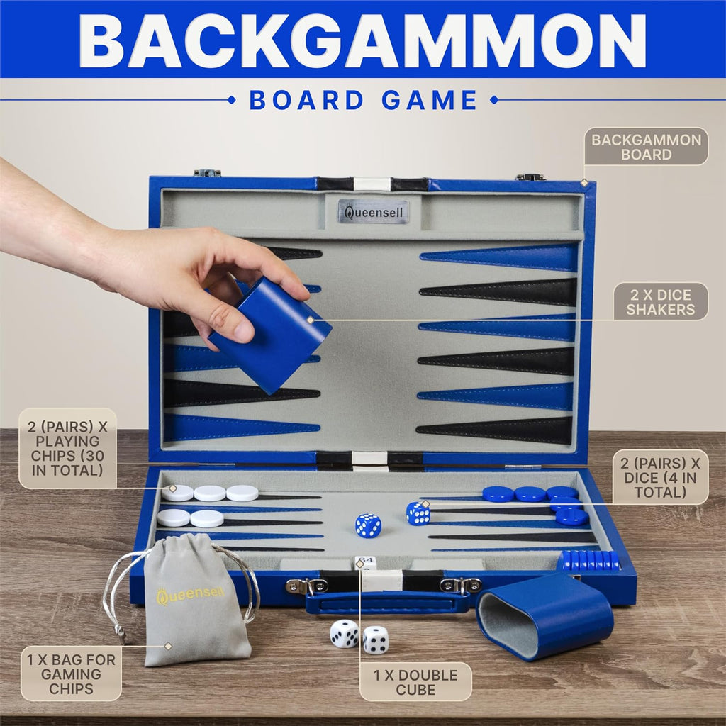 Large Blue Backgammon Sets for Adults - Classic Board Games for 2 Players Adults and Kids - Premium Backgammon Set 15