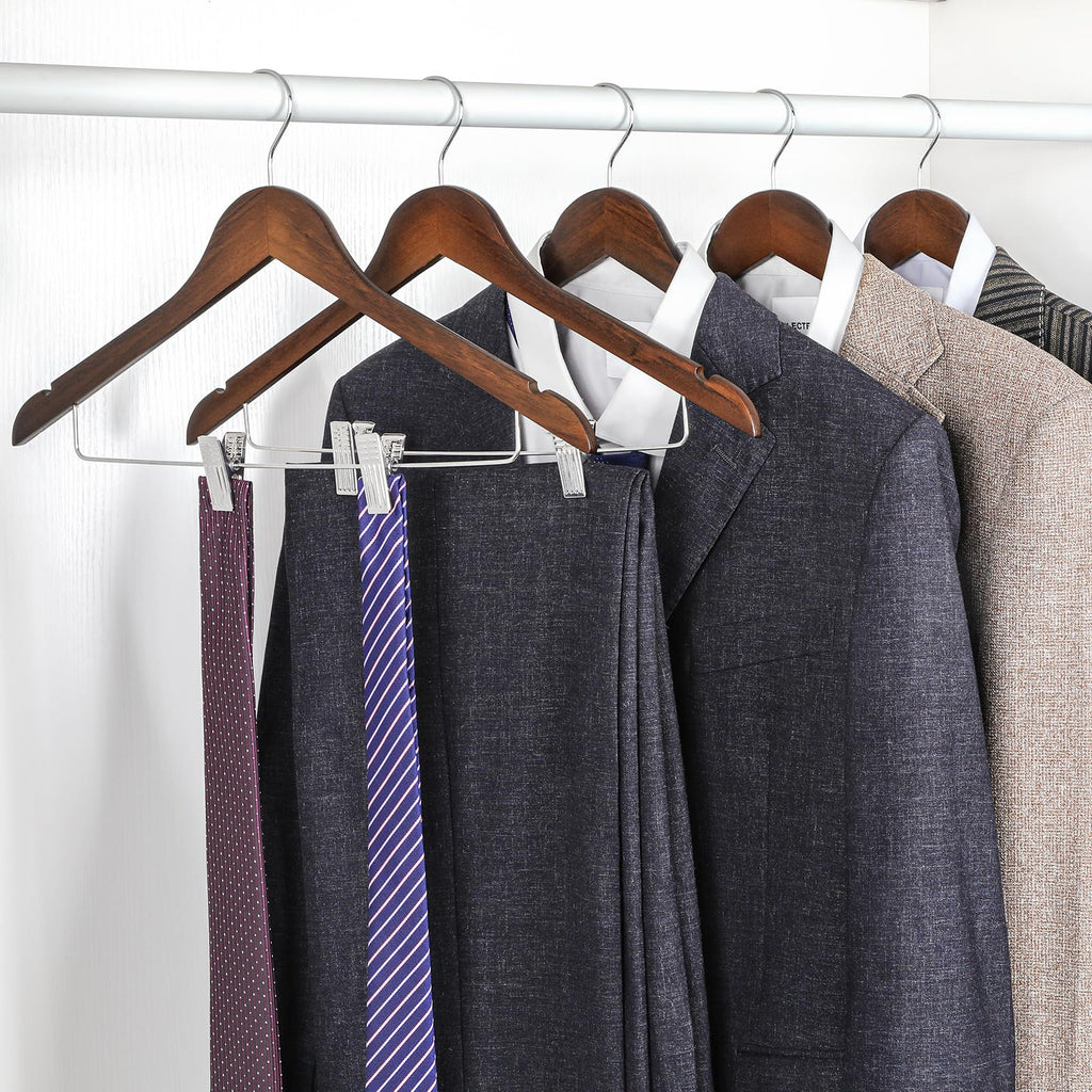 Wooden Suit Hangers with Adjustable Metal Clips (20 Pack), Solid Wood Clothes Hangers, 360° Swivel Hook, Premium