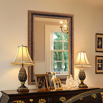 Antique Bathroom Wall Mirror 36.5" X 25", Bronze Mirror with Ornate Carvings Solid Wood Frame, Handmade Aging, for