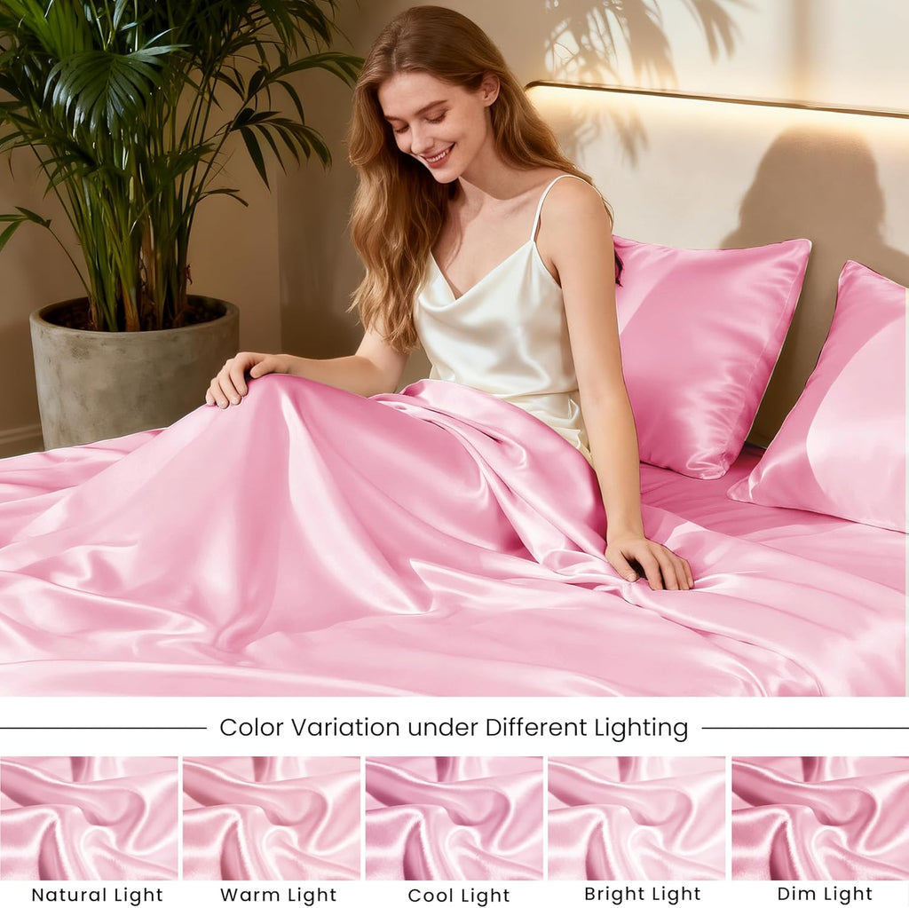 Satin Queen Sheets Set - 4 Piece Pink Silky Bed Sheets Set with Deep Pocket, Luxury Silk Feel Satin Queen Sheet Set
