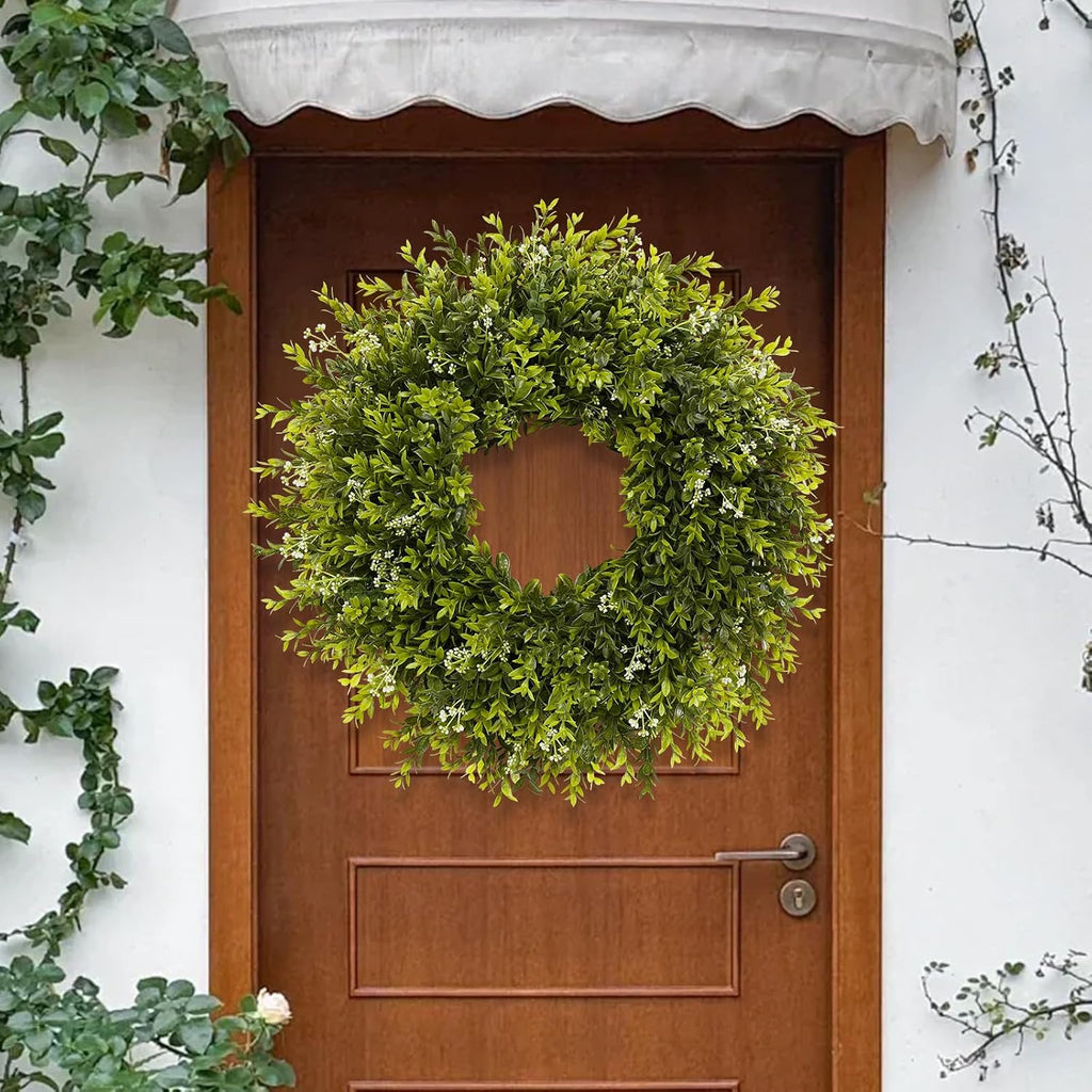 28'' Large Boxwood Wreath for Front Door Porch Window Artificial Boxwood Leaves with White Seed Greenery Outdoor
