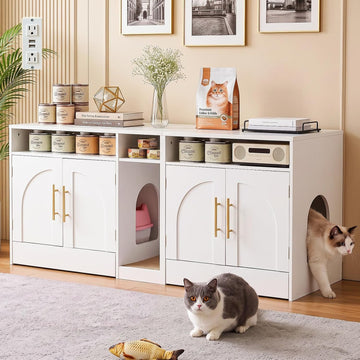 Double Cat Litter Box Enclosure for 2 Cats, 53" Wooden Hidden Cat Litter Box Furniture with Power Outlet, Sliding