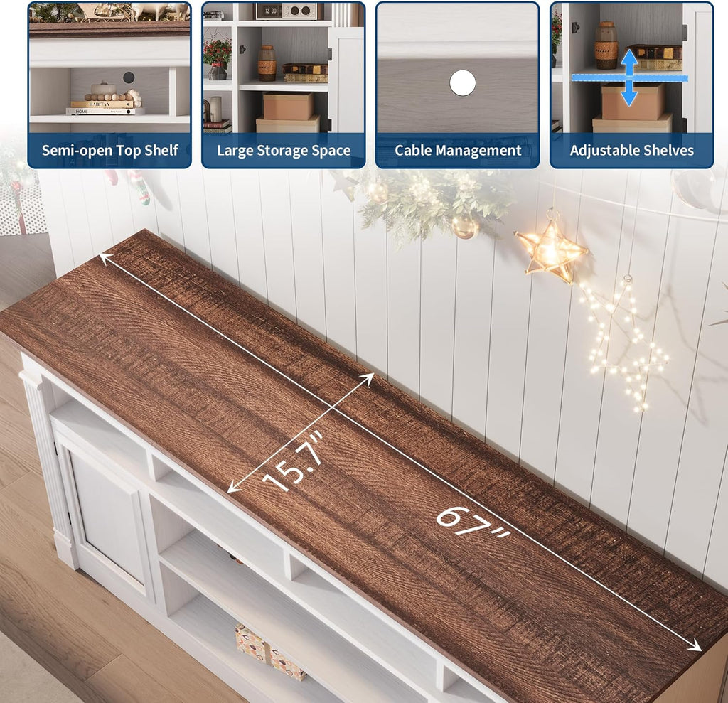 Farmhouse TV Stand for TVs Up to 75", Entertainment Center with Open Storage & Adjustable Shelves, TV Console with