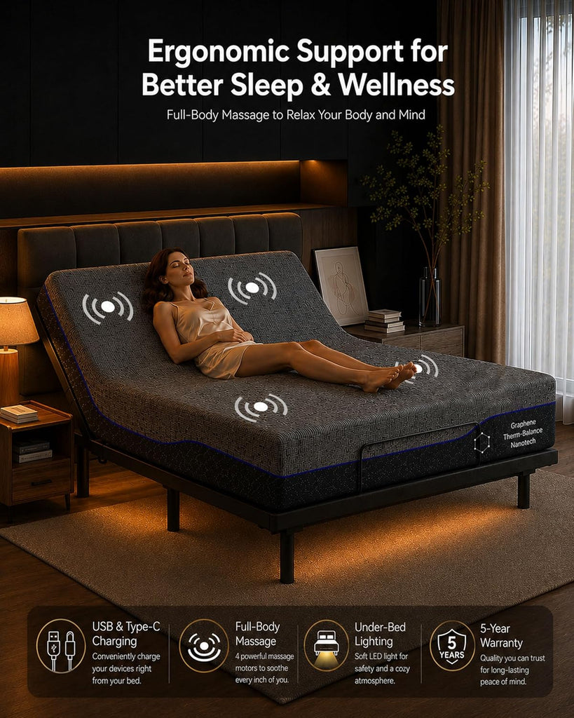 Queen Adjustable Bed Frame with Massage, Electric Adjustable Bed Base with Head & Foot Incline, Quiet Motor
