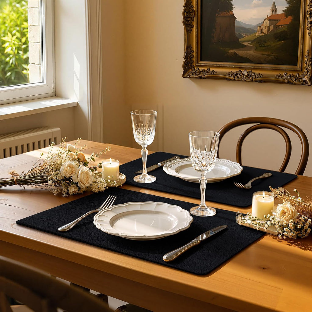 Faux Leather Vinyl Placemats, Easy to Clean, Black - Set of 4