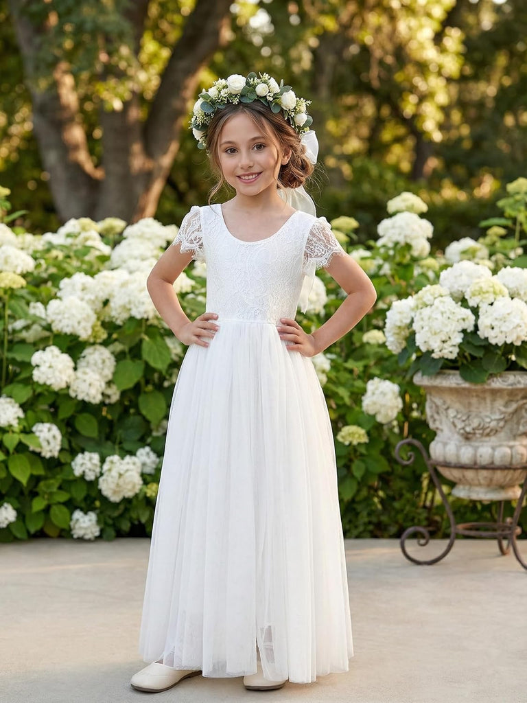 Girl Paisley Lace Back A-Line Straight Tutu Tulle Party Flower Girl Dress