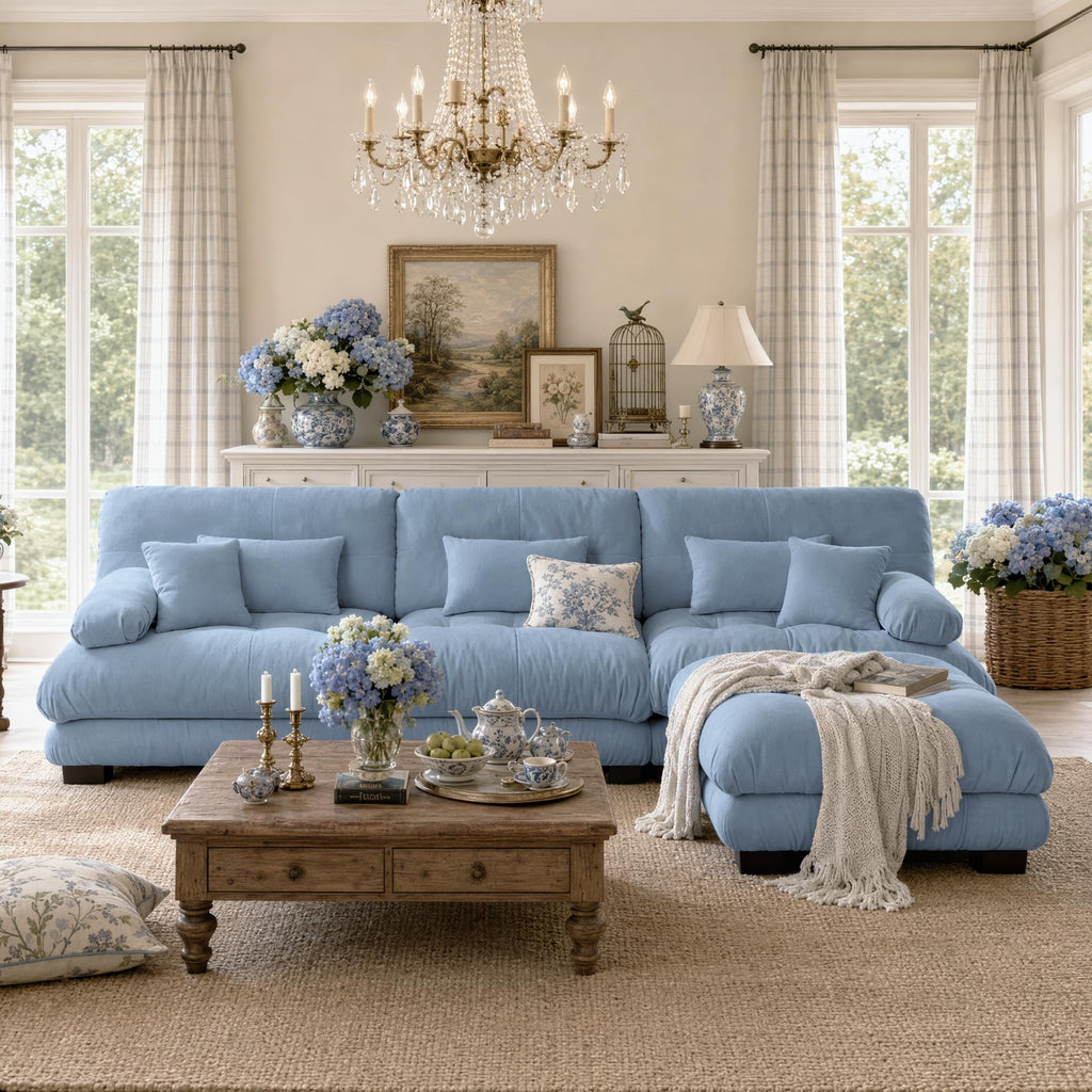 133.8" Modular Sectional Sofa w/1 Ottoman, Sky Blue