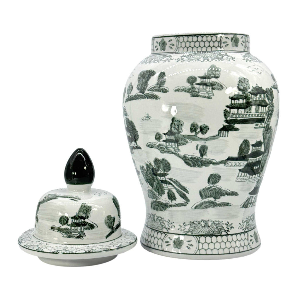 Large 25" Black & White Classic Landscape Chinoiserie Ceramic Temple Jar w/Lid - Ginger Jar Home & Kitchen Decor for