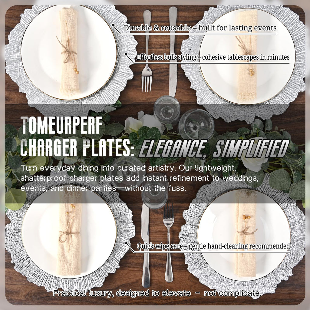 Silver 100pcs Charger Plates Bulk - 13" Elegant Silver Dinner Plates for Weddings & Events