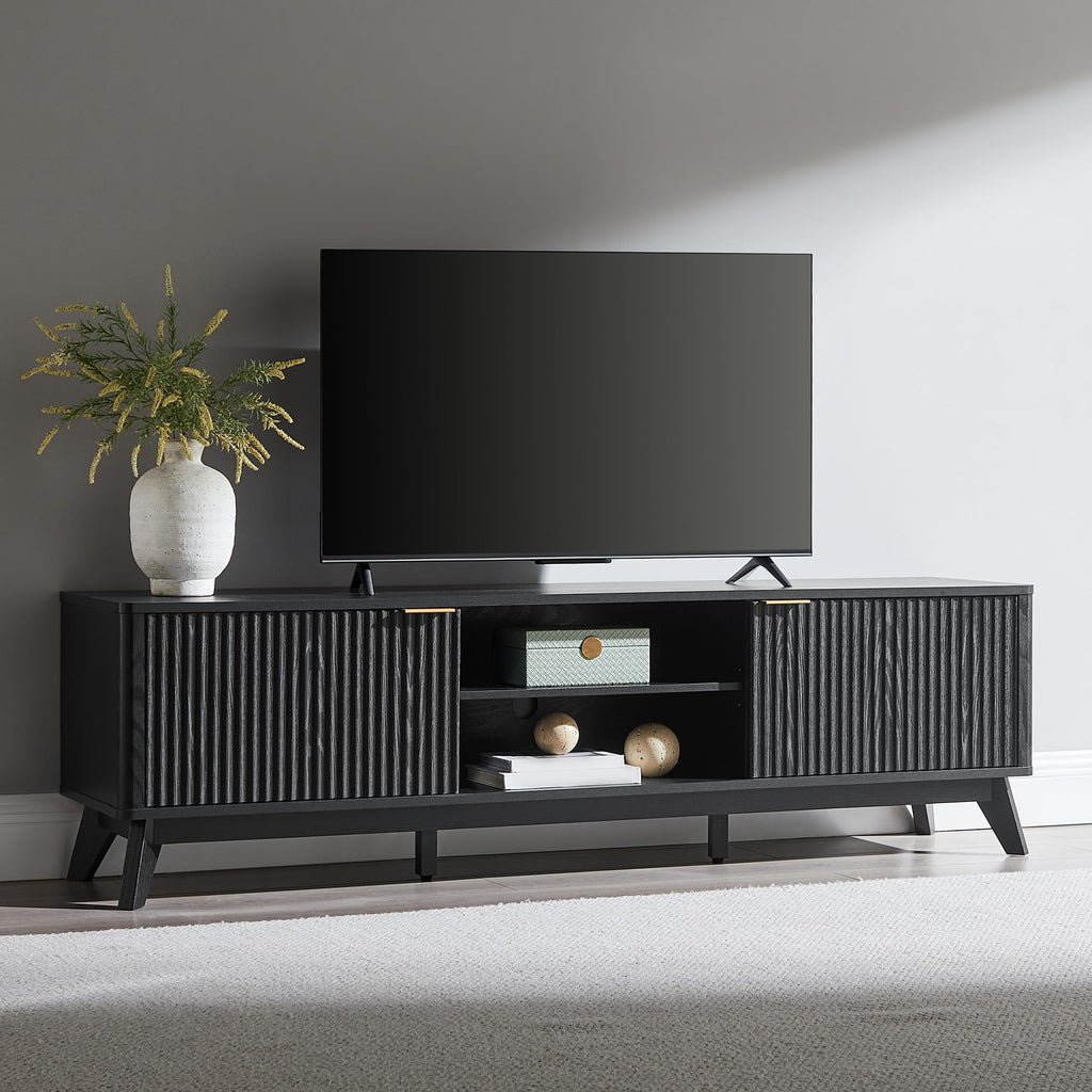 70" Mid-Century Modern Fluted TV Stand, 2 Soft-Close Doors, Black Oak