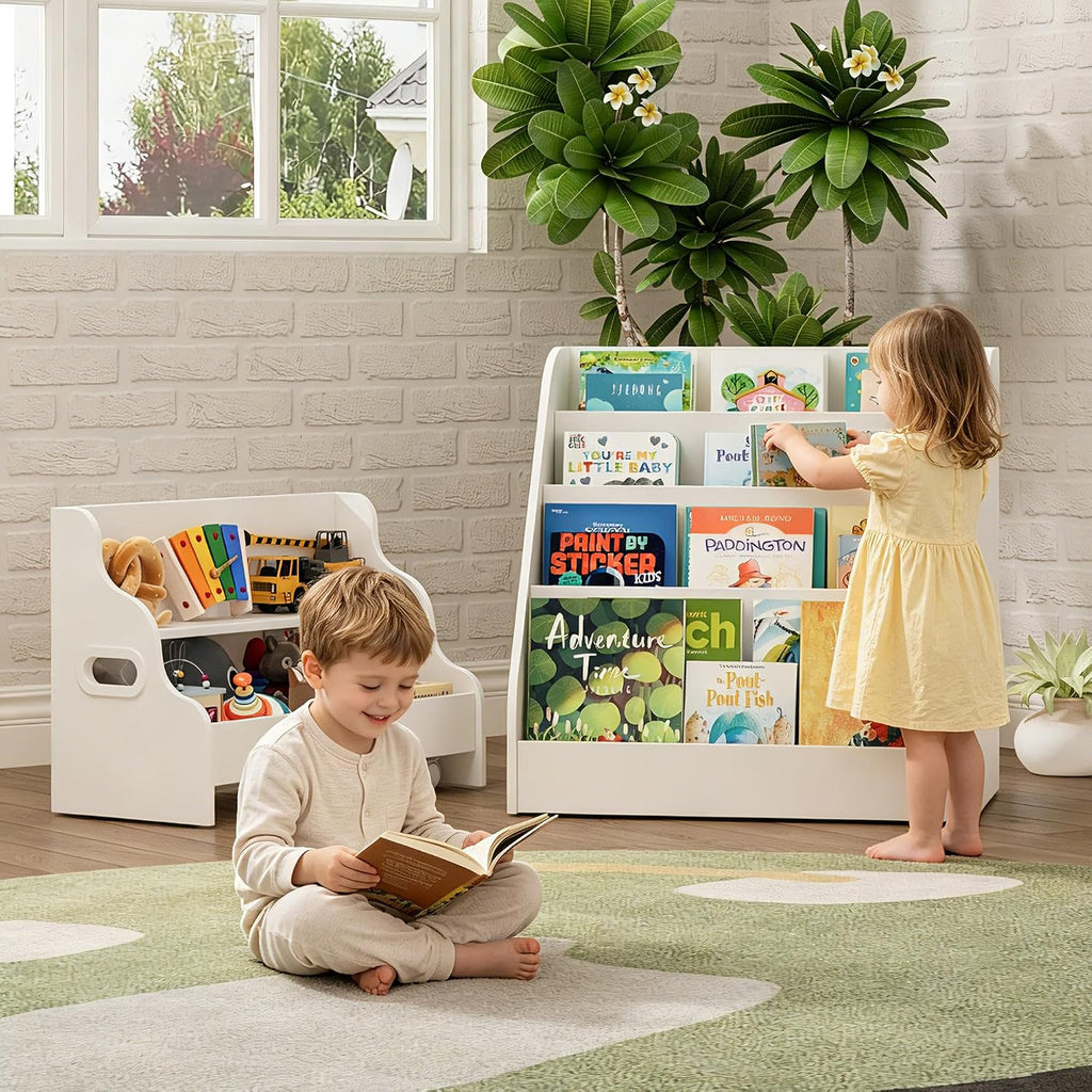 2-in-1 Montessori Kids Bookshelf - Toddler Nursery 4 Tier Wooden Shelf | Display Book Shelf for Kids Rooms, Children