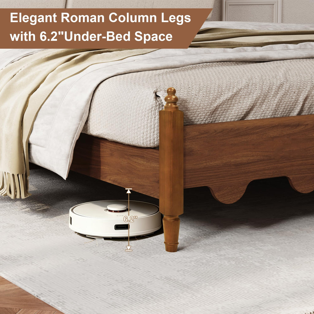 Vintage Platform Bed, Queen Bed Frame with Wave Upholstered Headboard