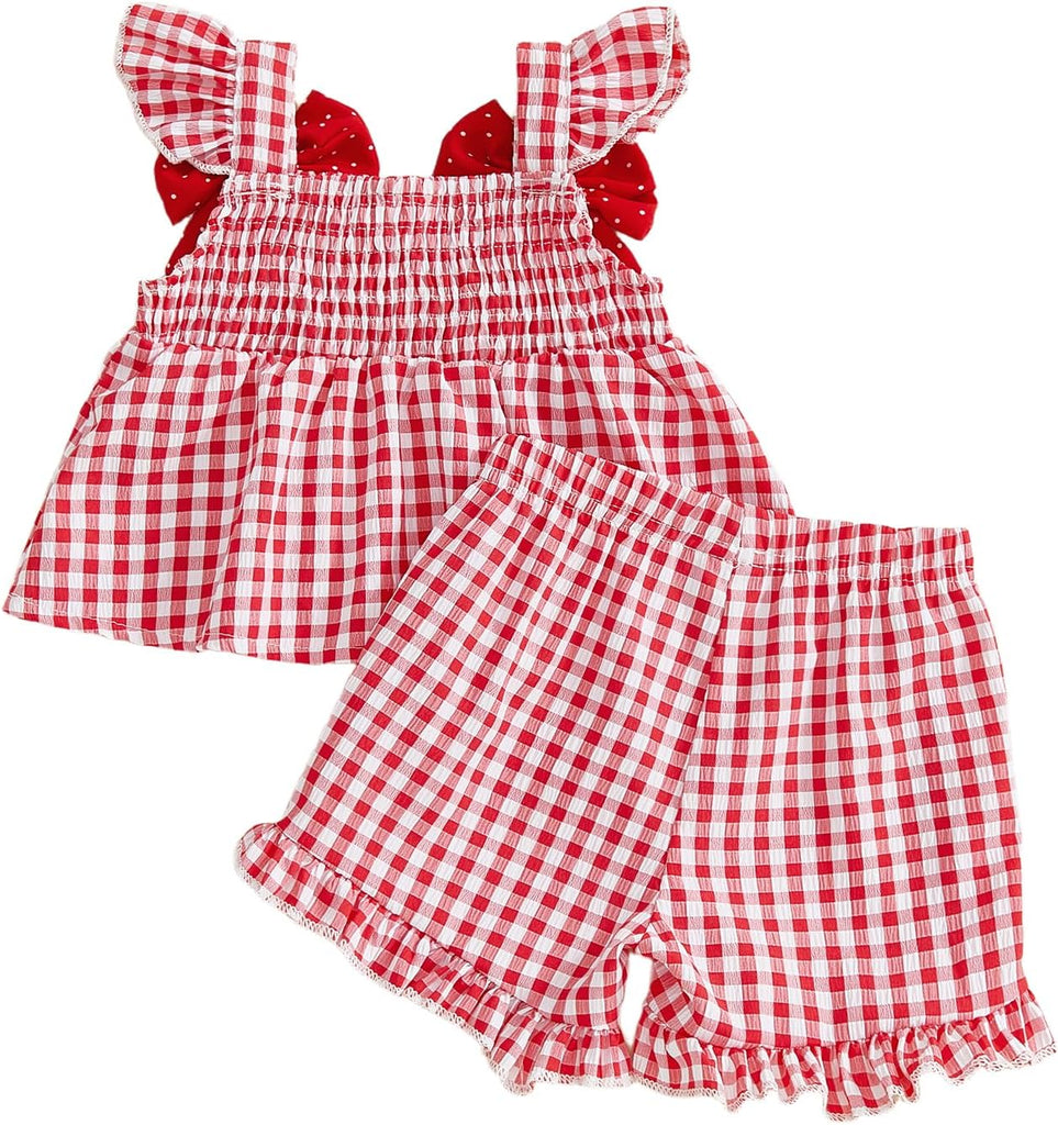 Toddler Baby Girl Outfits Summer Ruffle Shirt Tops Dress Plaid Shorts Cute Strawberry Embroidered Clothes Set