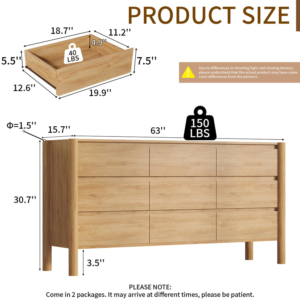 63" Wide Oak 9 Drawer Dresser with Solid Wood Legs