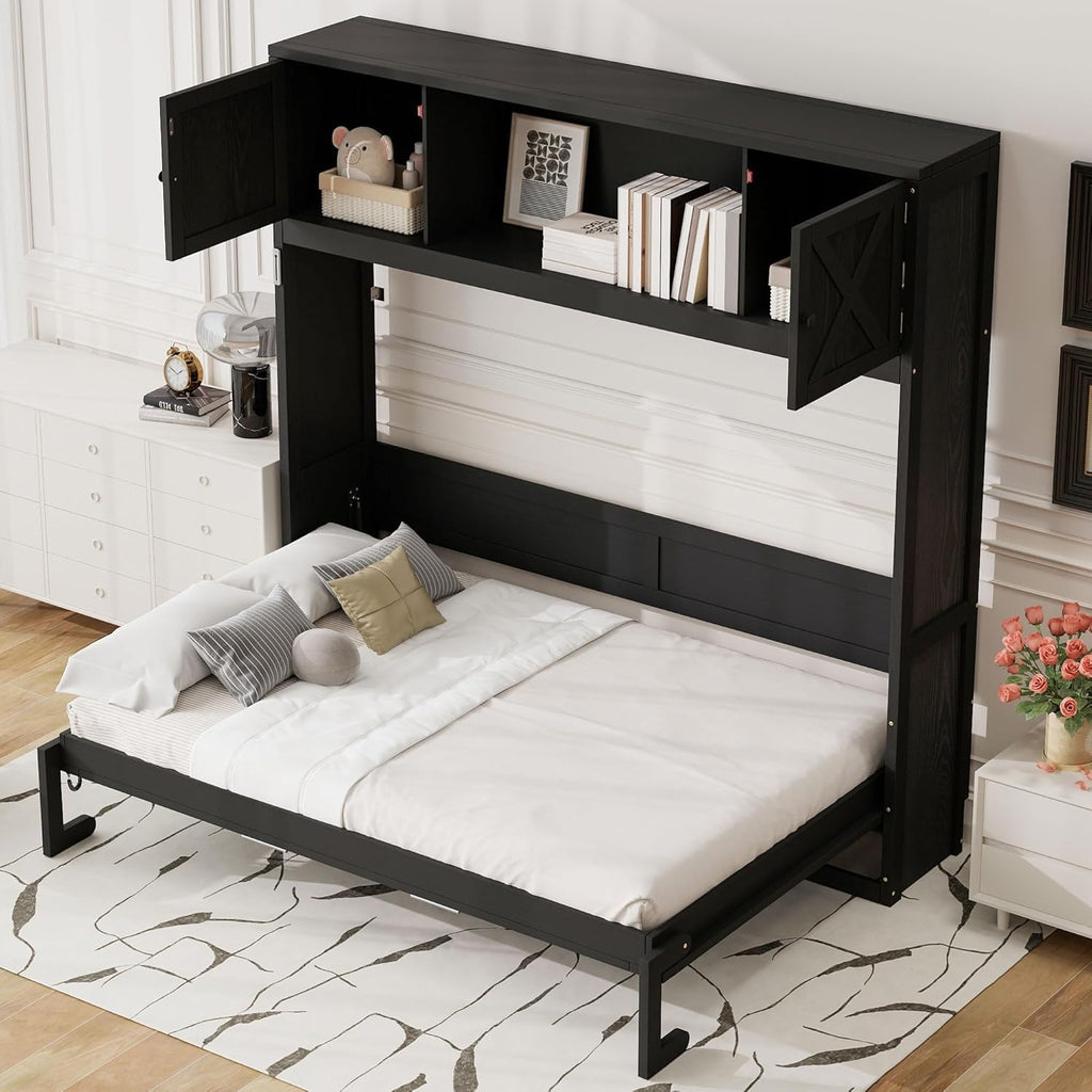 Full Horizontal Murphy Bed with Storage, Farmhouse Wooden Wall Bed with Cabinets and Bookcase, Space-Saving Foldable
