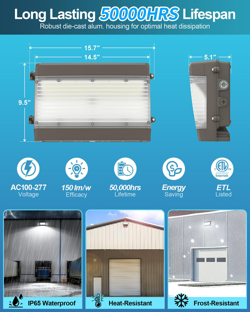 Full & Semi Cutoff LED Wall Pack Light, Selectable 150W/120W/100W & 3000K/4000K/5000K & Timed Dimming & Photocell