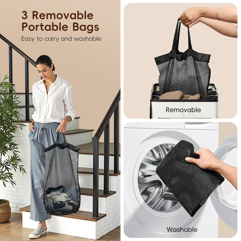 185L Triple Laundry Hamper with Lid, Dirty Clothes Hamper, Off-White