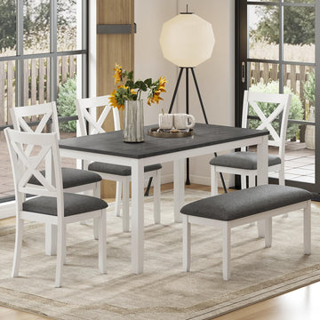 6-Piece Solid Wood Dining Table Set, Wooden Legs, White