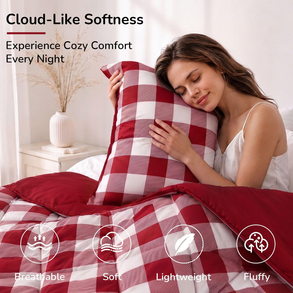 Lightweight Plaid Comforter Set with 2 Pillow Shams - 3-Piece Set - Red/White Plaid - Down Alternative