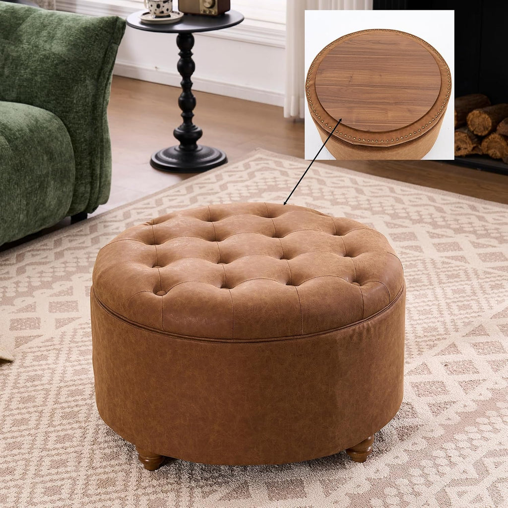 28" Faux Leather Round Storage Ottoman Coffee Table with Tray, Brown