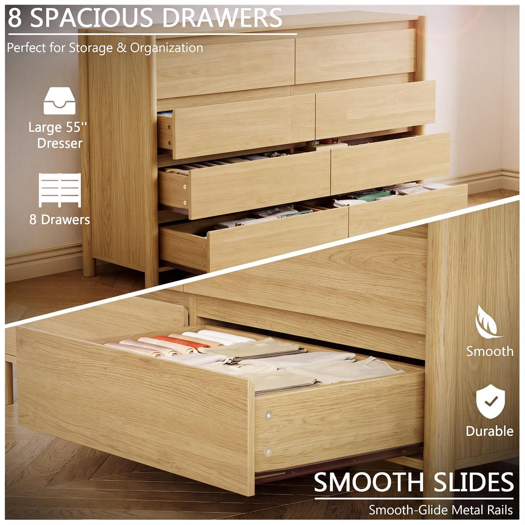 Oak Dresser, 55" Wide 8 Drawer Mid Century Modern Chest