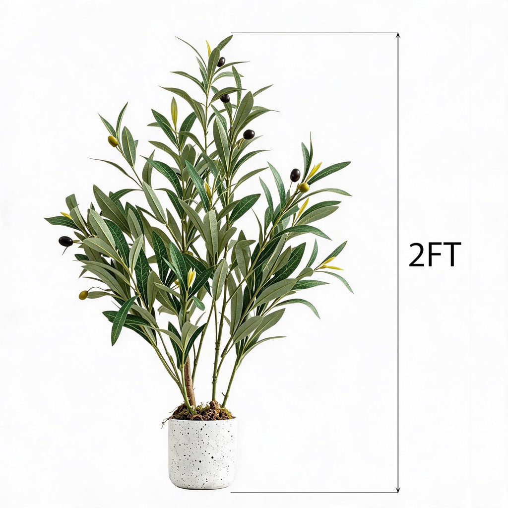 2FT Faux Olive Tree, Indoor Artificial Potted Olive Tree 23.6inch with White Planter, Lifelike 8 Fruits and Realistic