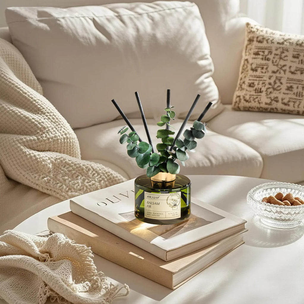 Reed Diffuser Set with 6.76 fl oz Balsam Fir Scent Essential Oils and 3 Leaves & 8 Diffuser Sticks, Bathroom Shelf