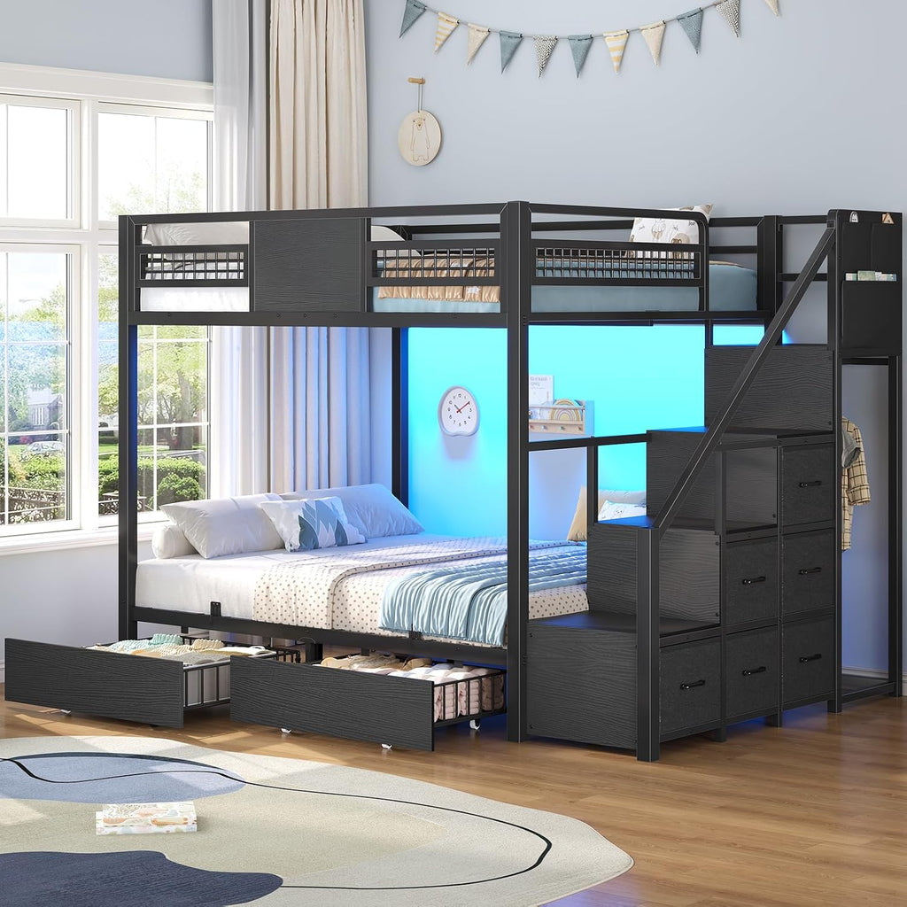 Bunk Bed Full Over Full with Stairs, LED Lights Full Bunk Bed with 2 Storage Drawers & 6 Fabric Drawers