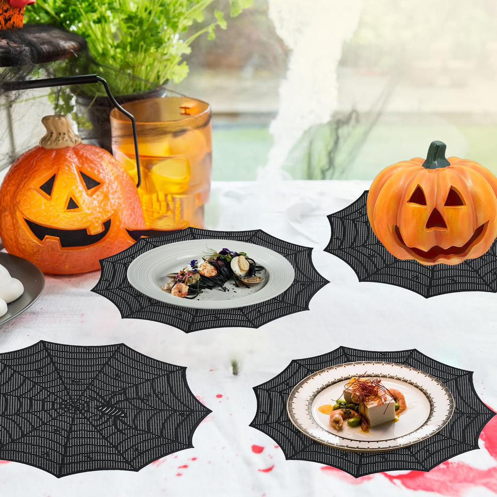 Spider Web Halloween Placemats Set of 8,Black Web Round Table Mats Heat-Resistant for for Dining Table Party