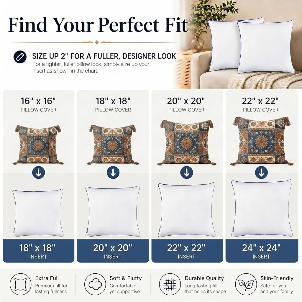 20x20 Pillow Inserts, Soft Hypoallergenic Square Throw Pillow Inserts for Couch, Sofa - Oeko-TEX Certified - Set of 2