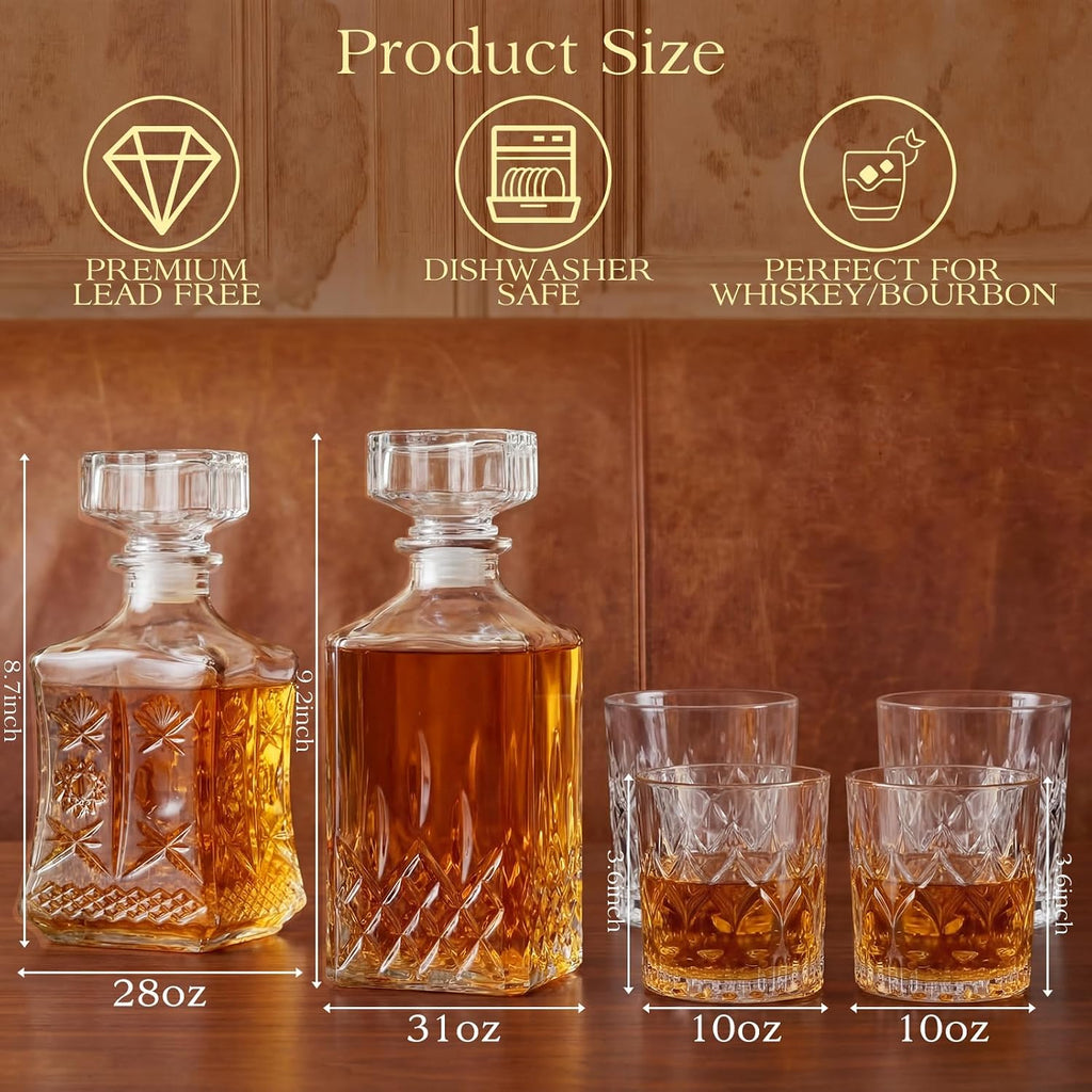 Whiskey Decanter Set with 2 Glass Decanters and 4 Glasses, 31oz and 28oz Liquor Decanter Set for Tequila Bourbon - Set of 3
