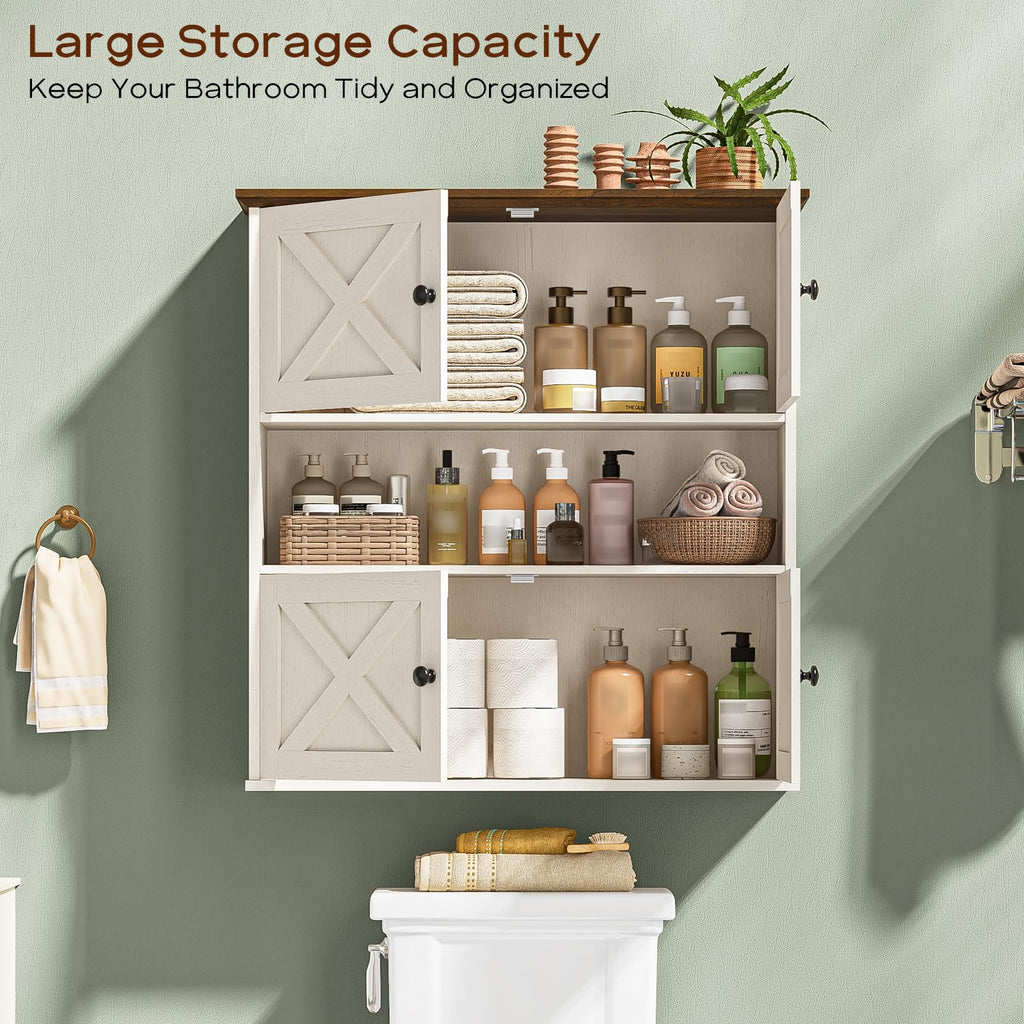 Bathroom Wall Cabinet, Farmhouse Medicine Cabinet with 4 Barn Doors, Large Wooden Vintage Storage Cabinet Wall